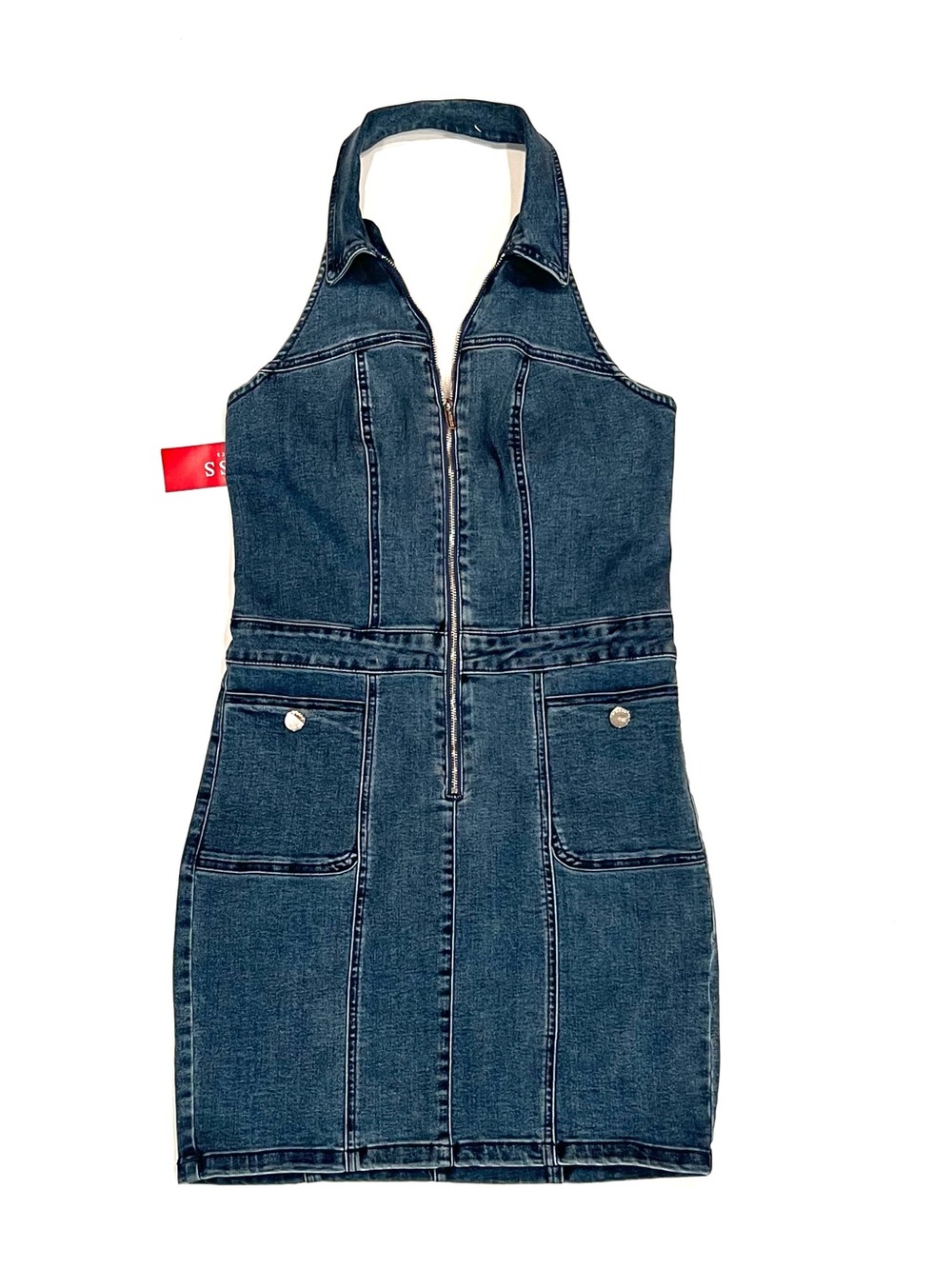 NEW Guess Mirella Pixie Blue Denim Jean Halter Mini Dress w Front Zipper Medium